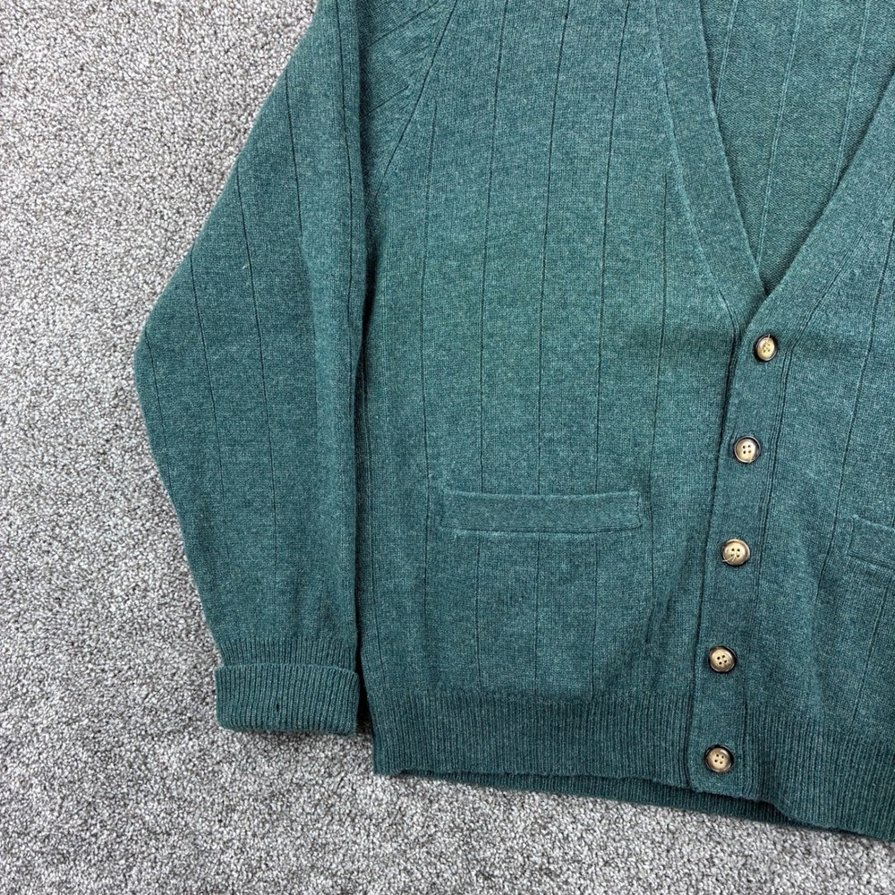 Vintage Saddles Cardigan Sweater Mens Large Green Lambswool V-Neck Ribbed Knit - Picture 3 of 7